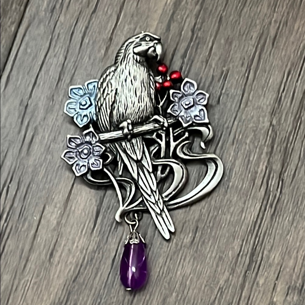 2.75" Jonette Jewelry Parrot Brooch Tropical Bird Flower Berry Pewter Pin Large